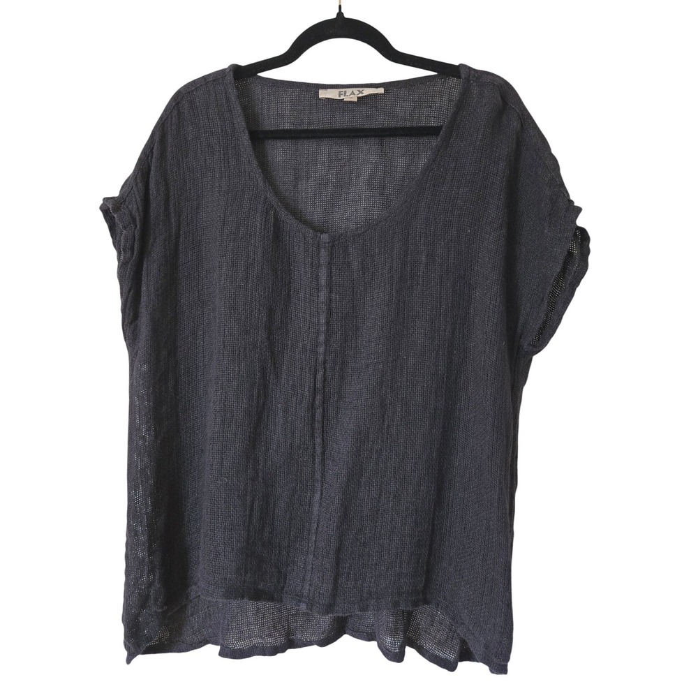 FLAX Womens S Linen Knit Scoop Neck Top Black Short Sleeve Lagenlook Oversized